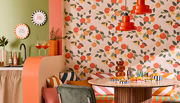 Décoration italienne de cuisine salle à manger, papier peint motif agrumes jaune orange