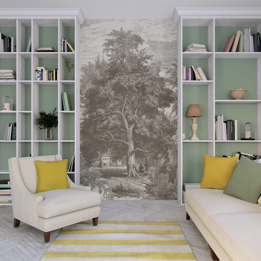 salon avec décor mural toile de Jouy arbre
