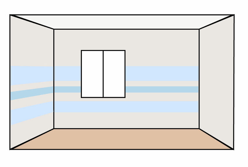 pièce aux murs beige avec bandes horizontales bleues