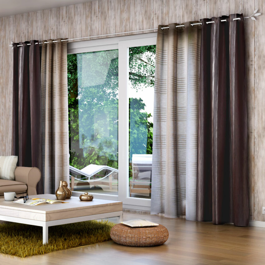 salon nature avec rideaux et voilages sur une baie vitrée