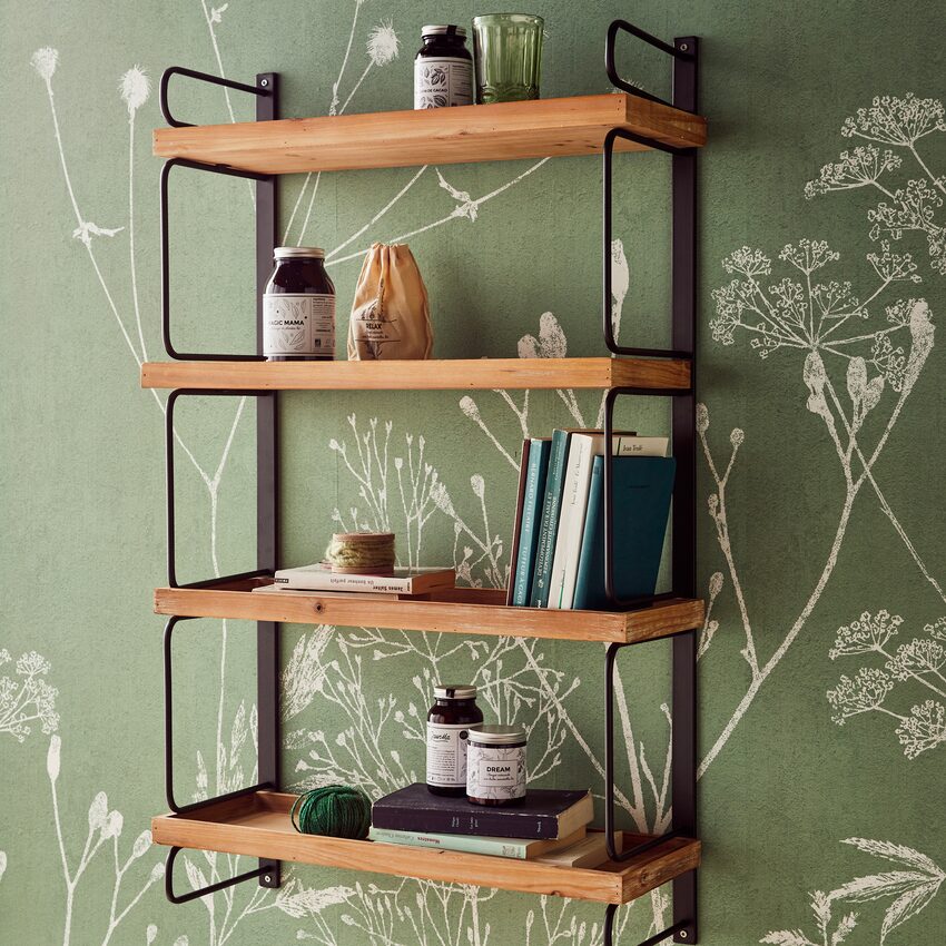 Etagère en bois et métal nature décor feuillage