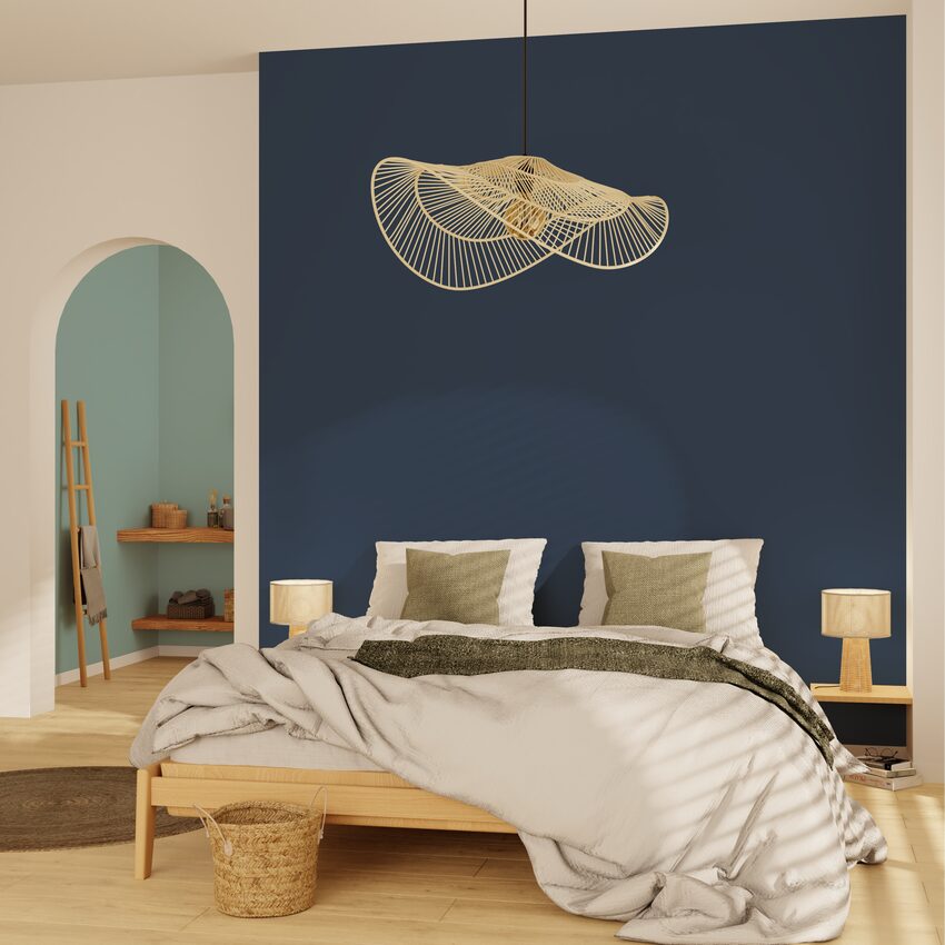 Chambre adulte style nature murs bleus