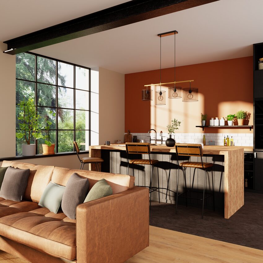 cuisine ouverte style loft couleur cognac et noir