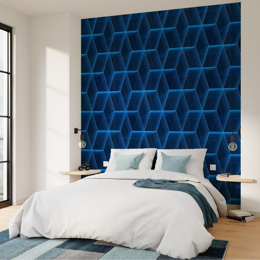 Chambre tête de lit papier peint bleu électrique