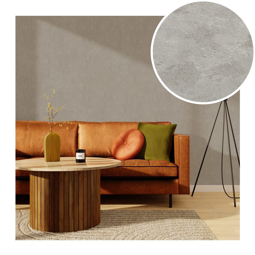 salon taupe et cognac papier peint texturé