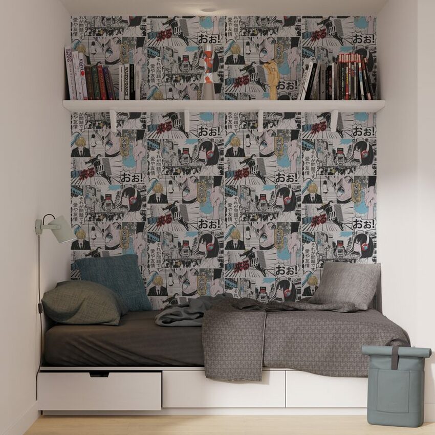 déco coin nuit papier peint manga lit à tiroirs