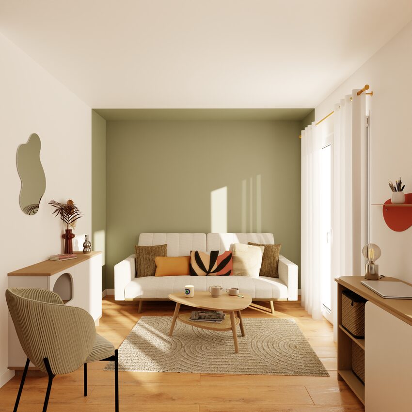 Déco salon lumineux alcôve peinture vert kaki