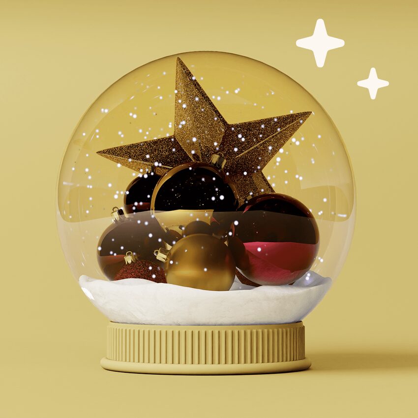 déco sapin de Noël dans boule à neige fond jaune