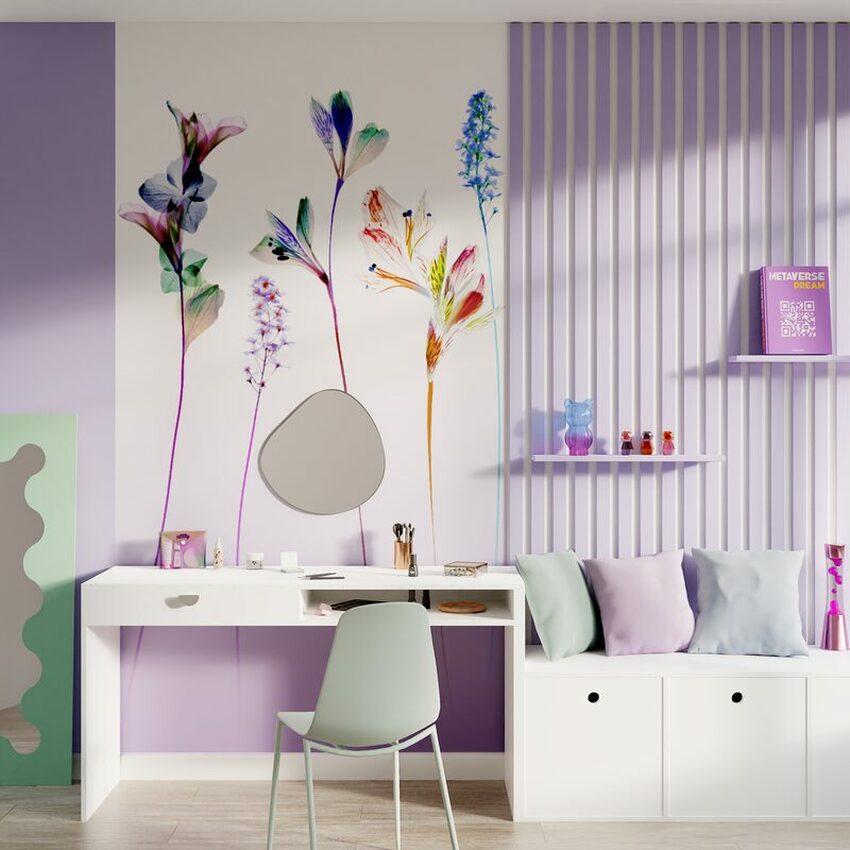déco bureau papier peint fleur lavande