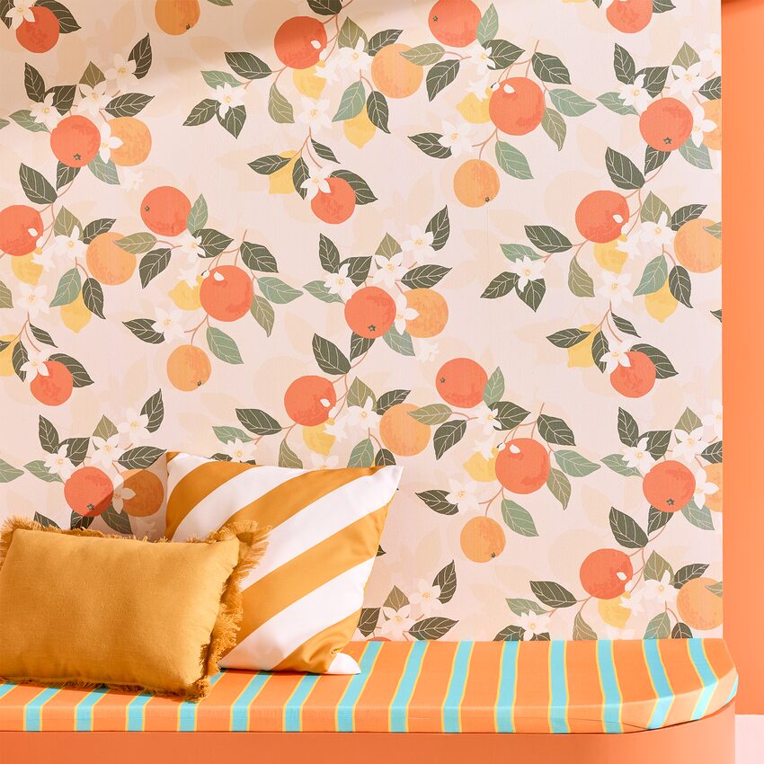 déco vintage rayures et papier peint motif agrumes