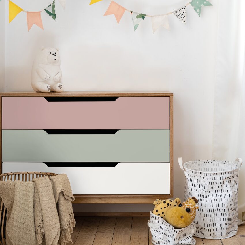 Peinture Relook Meubles rose, vert sauge, blanc
