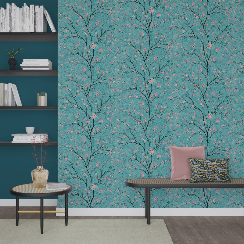 Papier peint intissé TOKYO BLOSSOM X METROPOLITAN STORIES coloris bleu turquoise