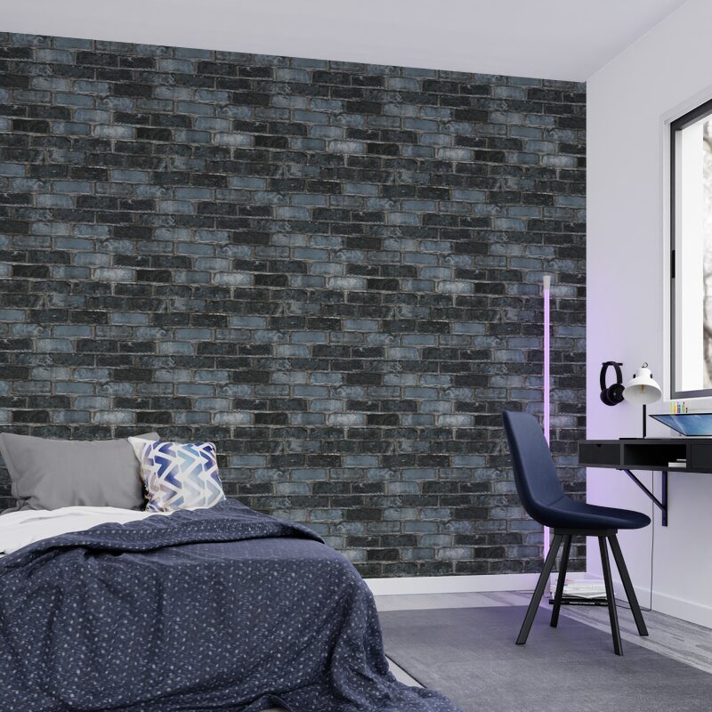 Papier peint intissé STONE BRICK coloris bleu nuit