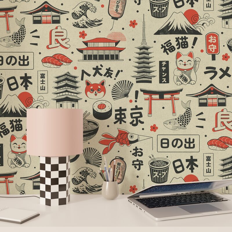 Papier peint intissé KAWAII coloris noir et rouge orangé