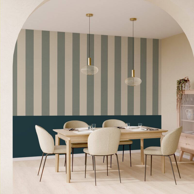 Papier peint vinyle PODIUM STRIPE coloris vert de gris et blanc