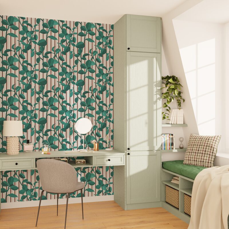 Papier peint intissé PEPEROMIA coloris vert anglais et rose