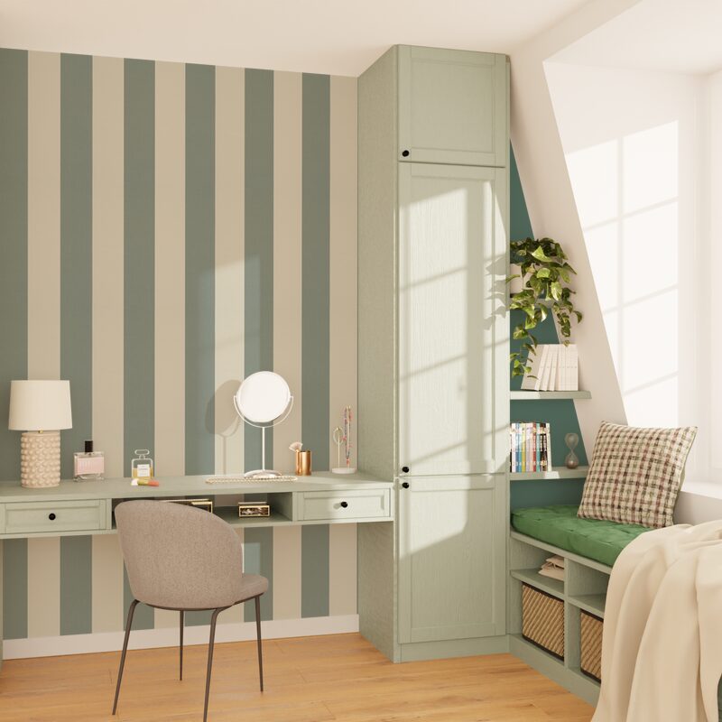 Papier peint vinyle PODIUM STRIPE coloris vert de gris et blanc