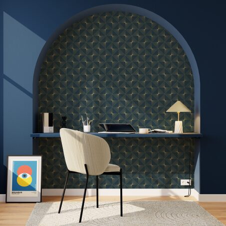 Papier peint intissé DELORES coloris bleu paon et doré