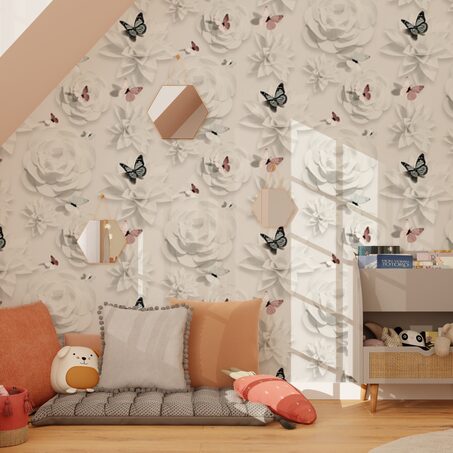 Papier peint intissé FAIRY FLOWER coloris blanc perlé