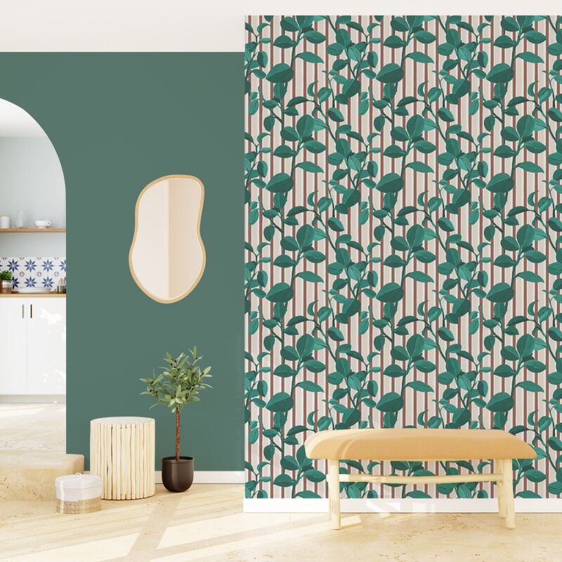 Papier peint intissé PEPEROMIA coloris vert anglais et rose