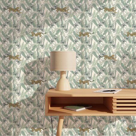Papier peint intissé FELINDRA coloris vert feuille et doré
