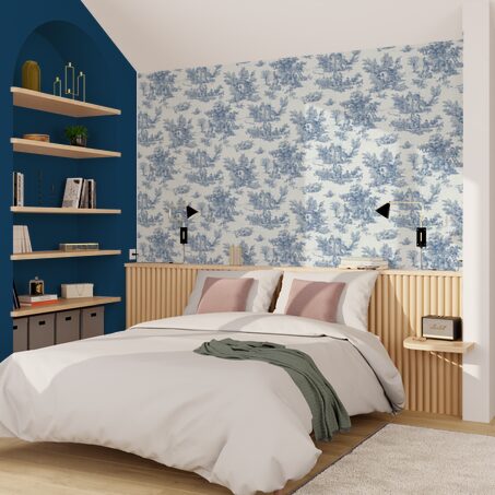 Papier peint intissé JOUY coloris bleu indigo