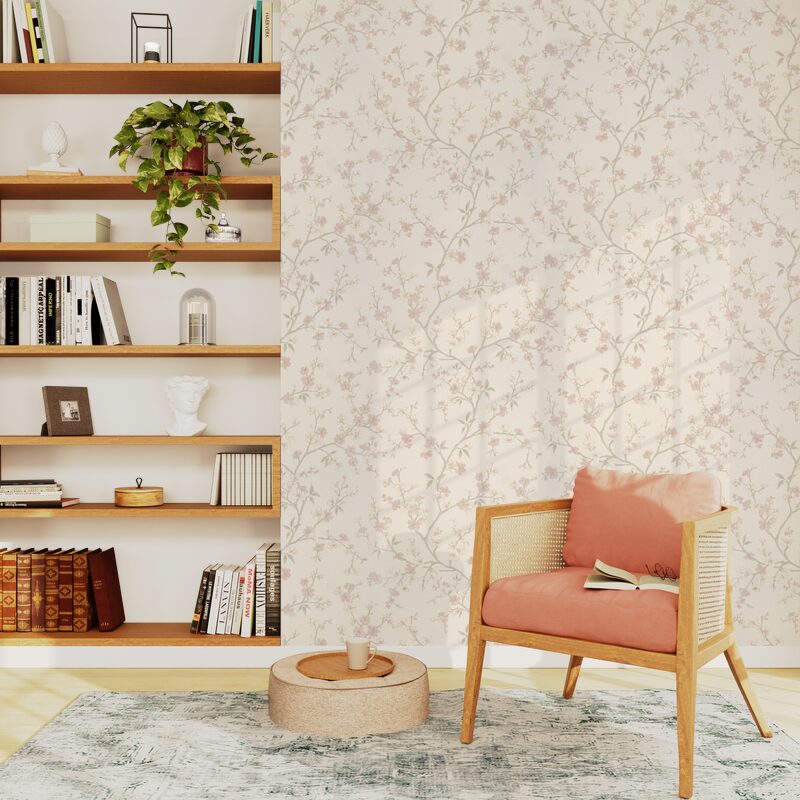 Papier peint intissé CHERRY BLOSSOM coloris blanc cassé et rose