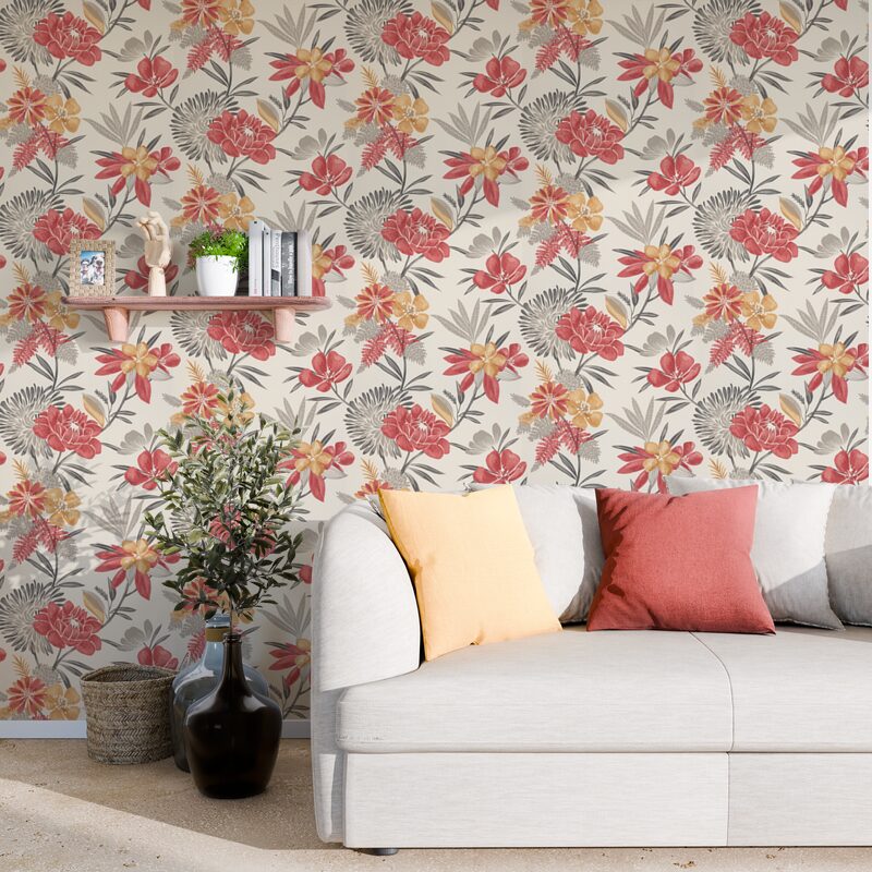 Papier peint intissé CLEOME coloris Blanc et rouge