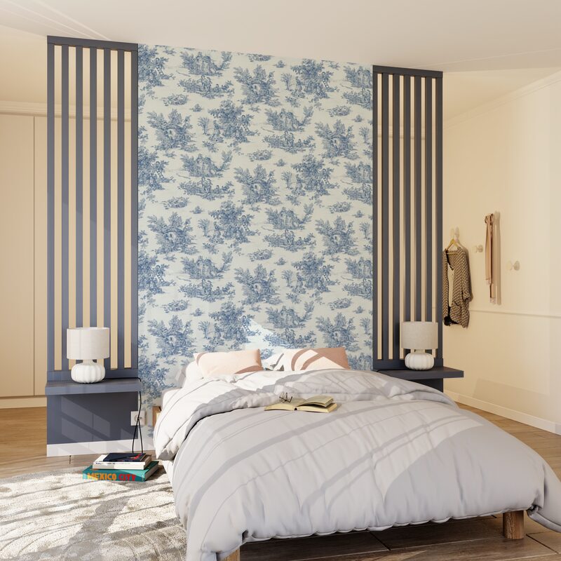 Papier peint intissé JOUY coloris bleu indigo