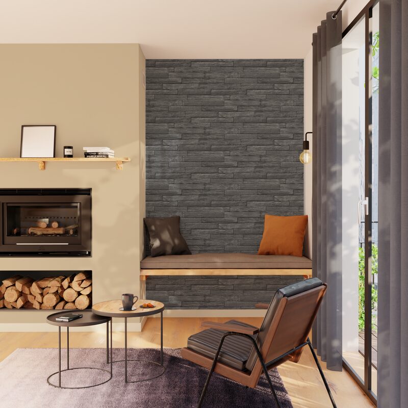 Papier peint intissé BURNT WOOD coloris Noir charbon