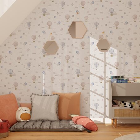 Papier peint intissé AIR BALLOON coloris beige taupe, rose et bleu