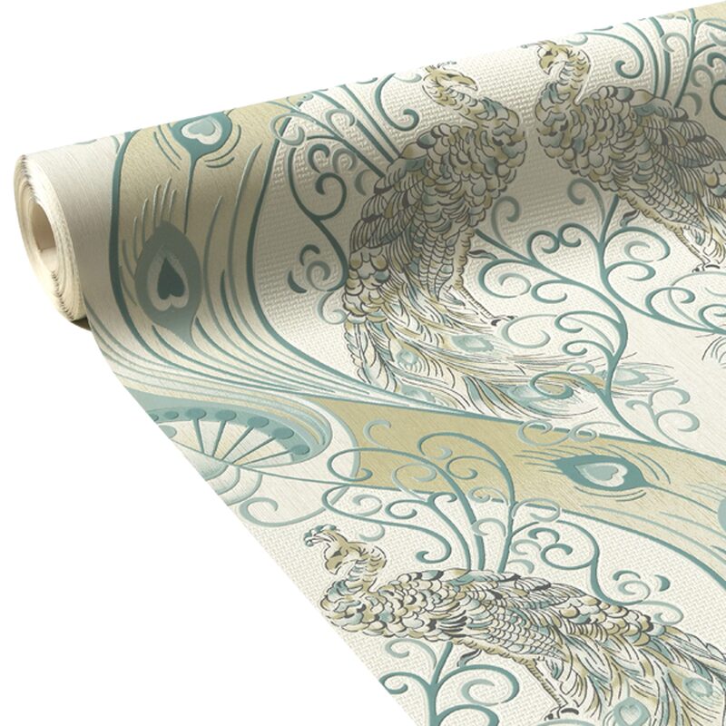 Papier peint vinyle ROYAL PEACOCK coloris vert de gris