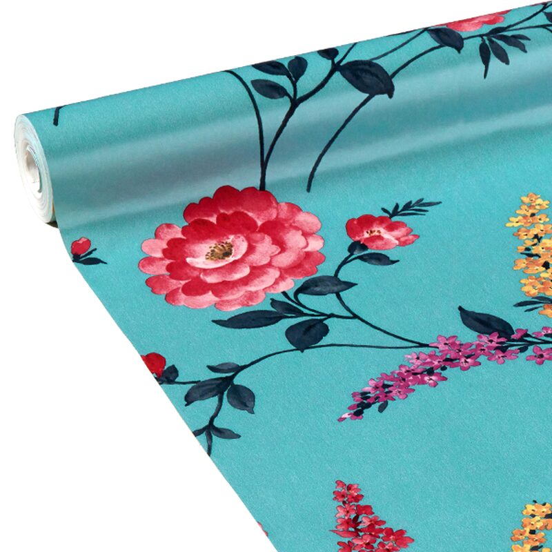 Papier peint intissé POSIE coloris bleu turquoise