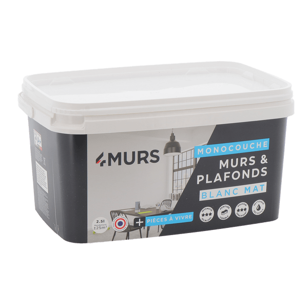 Peinture MURS ET PLAFONDS MONOCOUCHE Acrylique blanc Mat 2,5 L