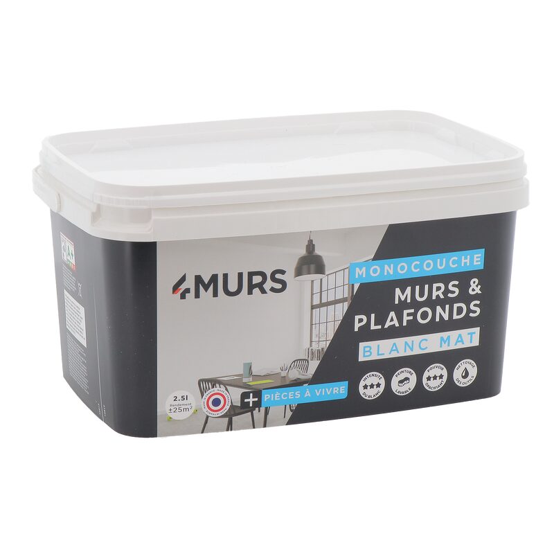 Peinture MURS ET PLAFONDS MONOCOUCHE Acrylique blanc Mat 2,5 L