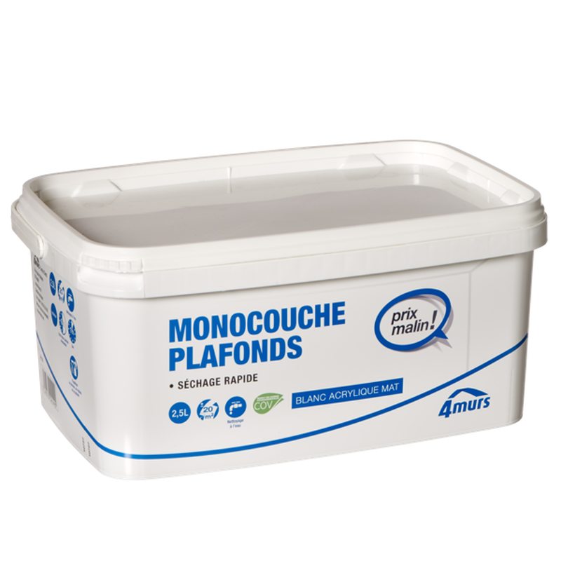 Peinture MONOCOUCHE PLAFONDS PRIX MALIN Acrylique blanc Mat 2,5 L