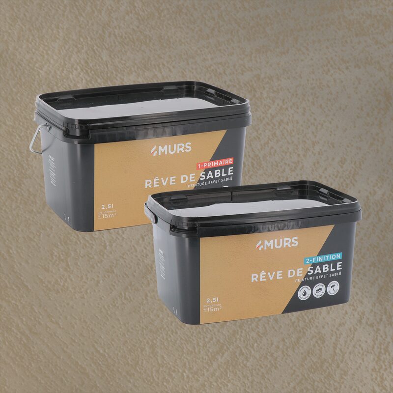 Peinture Décorative RÊVE DE SABLE Acrylique corfou métal Satiné 2,5 L Rêve de sable + Primaire blanc Mat 2,5 L