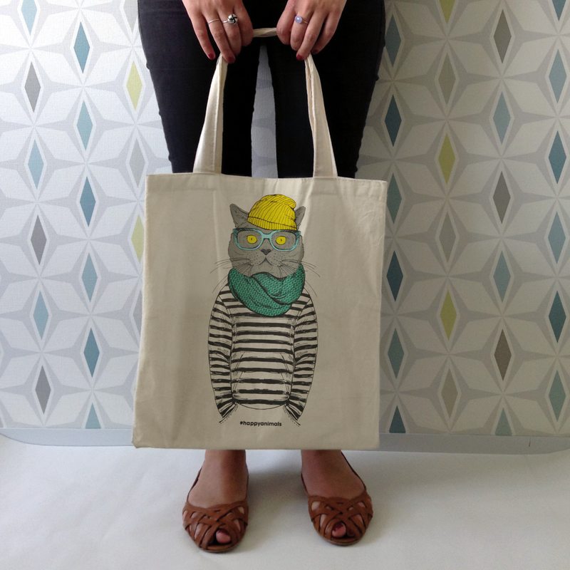 Tote bag HAPPY CHAT coloris beige