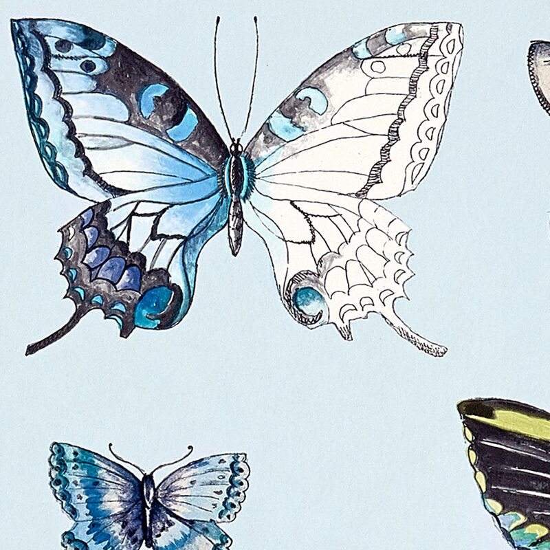 Papier peint BUTTERFLIES DUCK EGG coloris bleu aquarelle