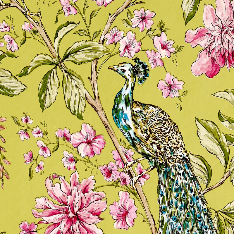 Papier peint HIBISCUS CITRUS coloris vert bambou