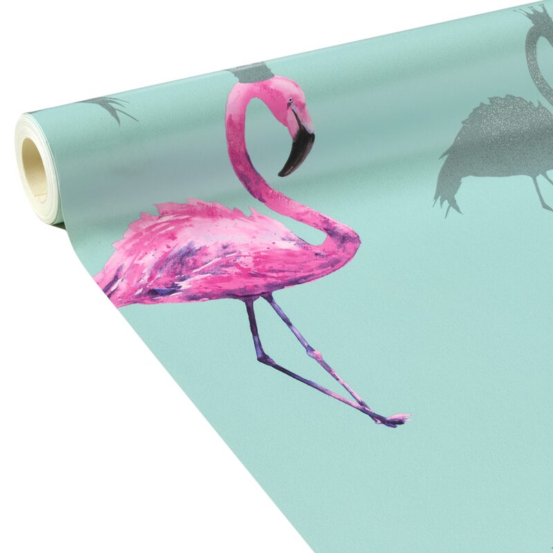 Papier peint FLAMINGO coloris bleu aqua