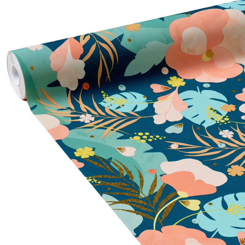 Papier peint intissé CREPUSCULE TROPICAL BY NYMPHEA'S FACTORY coloris bleu paon