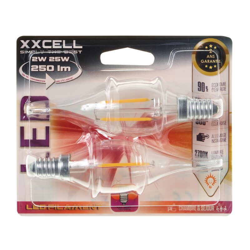Ampoule LED FLAMME CDV FILAMENT CLAIRE 2W/25W E14 2700K 250LM BLISTER X2 coloris jaune 10 x 10 cm