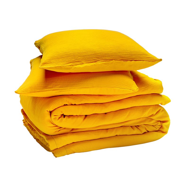 Parure de lit en gaze de coton ANOKIA coloris jaune moutarde 240 x 220 cm