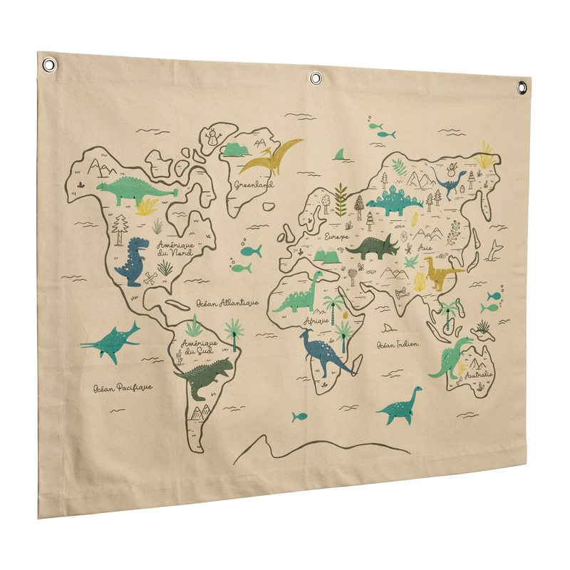 Kakémono déco DINO coloris fond beige avec dinosaures multicolores