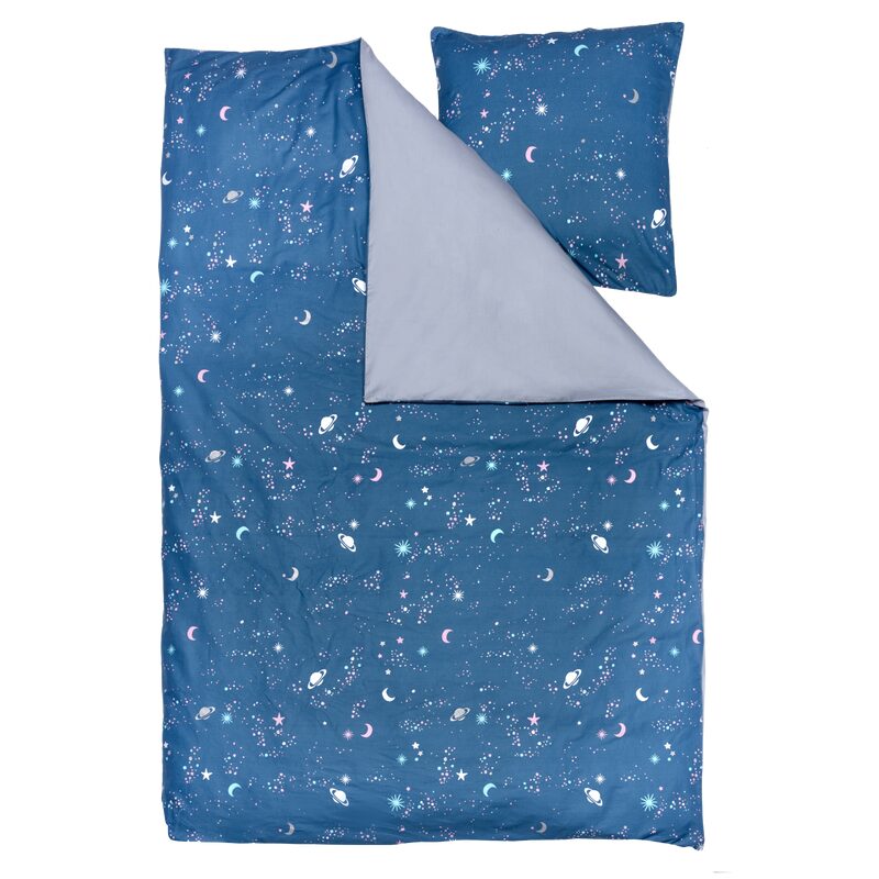 Parure de lit en toile de coton COSMIC coloris bleu acier 140 x 200 cm