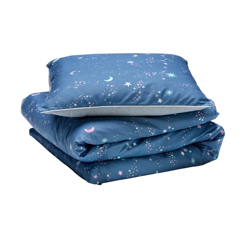 Parure de lit en toile de coton COSMIC coloris bleu acier 140 x 200 cm
