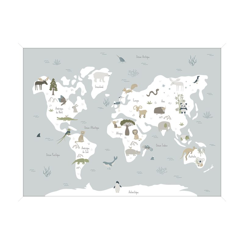 Tableau CARTE ANIMALS ON THE PLANET coloris bleu ciel et blanc