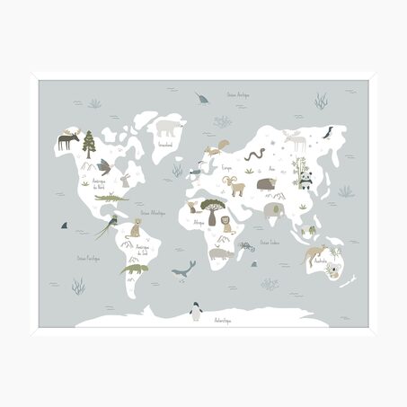 Tableau CARTE ANIMALS ON THE PLANET bleu ciel et blanc