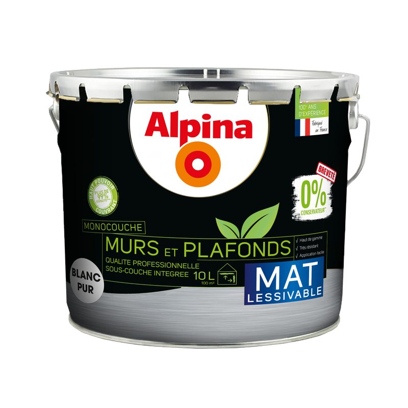 Peinture MURS ET PLAFONDS ALPINA 0% CONSERVATEURS Acrylique blanc Mat 10 L